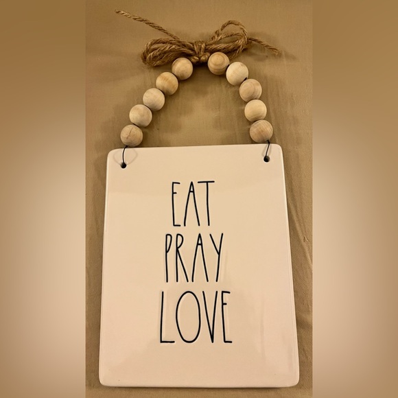 Rae Dunn “Eat Pray Love” Hanging Tile Wall Plaque with Wood Beads - Picture 1 of 5